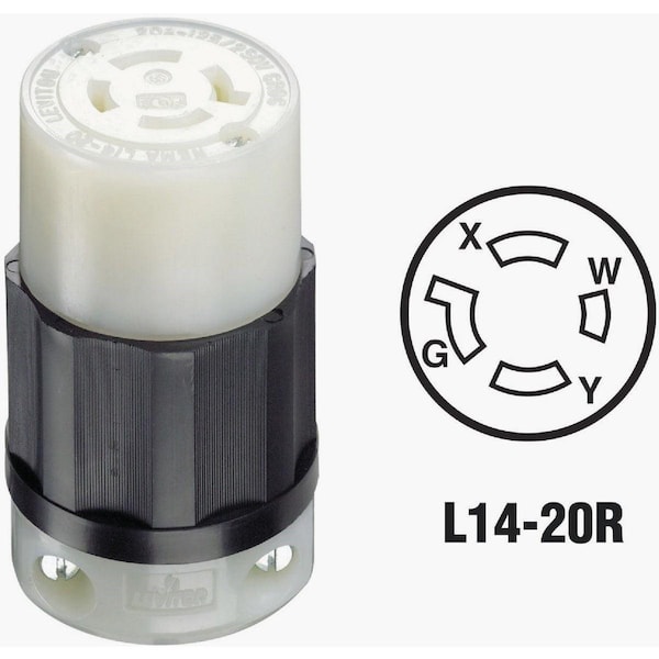 Locking Connector, L14-20R, 20 A, 125/250V AC, Single Phase, 3 Pole, Screw Terminals, Black, White